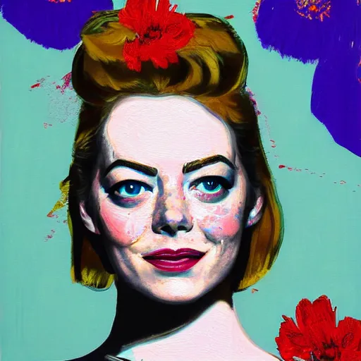 Image similar to detailed oil painting of emma stone in detail with flowers by james jean, by andy warhol