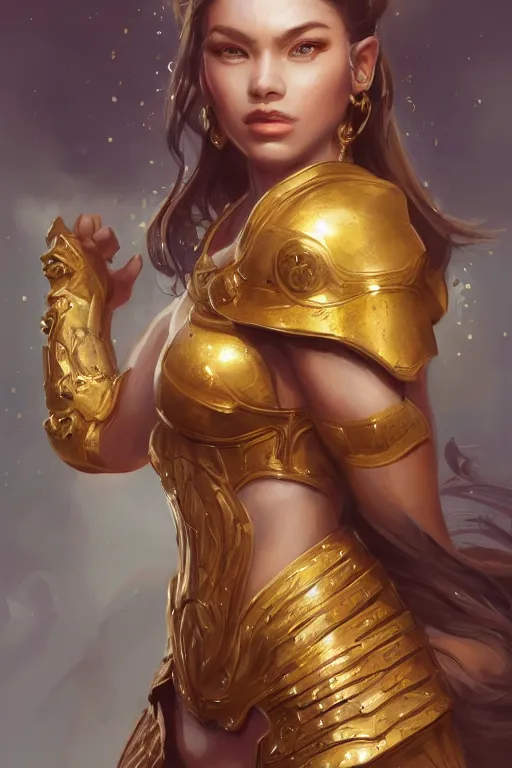 Image similar to three-quarters portrait pose of a beautiful woman, strong body, shining gold armor, human warrior, fantasy, intricate, elegant, highly detailed, digital painting, artstation, concept art, matte, sharp focus,D&D, illustration, art by Stanley Lau