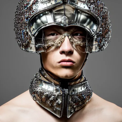 Prompt: a portrait of a beautiful young male wearing an alexander mcqueen armor made of glass , photographed by andrew thomas huang, artistic