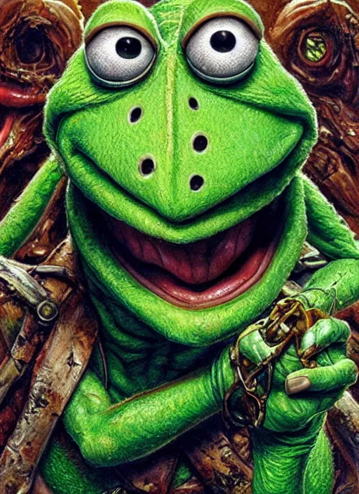 Image similar to portrait of Kermit the frog from Evil Dead (2013), intricate, highly detailed, centered, digital painting, artstation, concept art, smooth, sharp focus, illustration, artgerm, donato giancola, Joseph Christian Leyendecker, WLOP, Artgerm