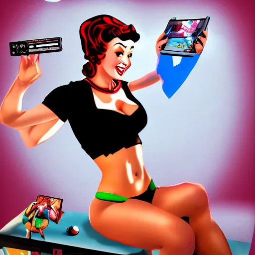 Image similar to a pin up woman playing a videogame, front view, digital art, photoshop, dark lighting, couch, control, photo