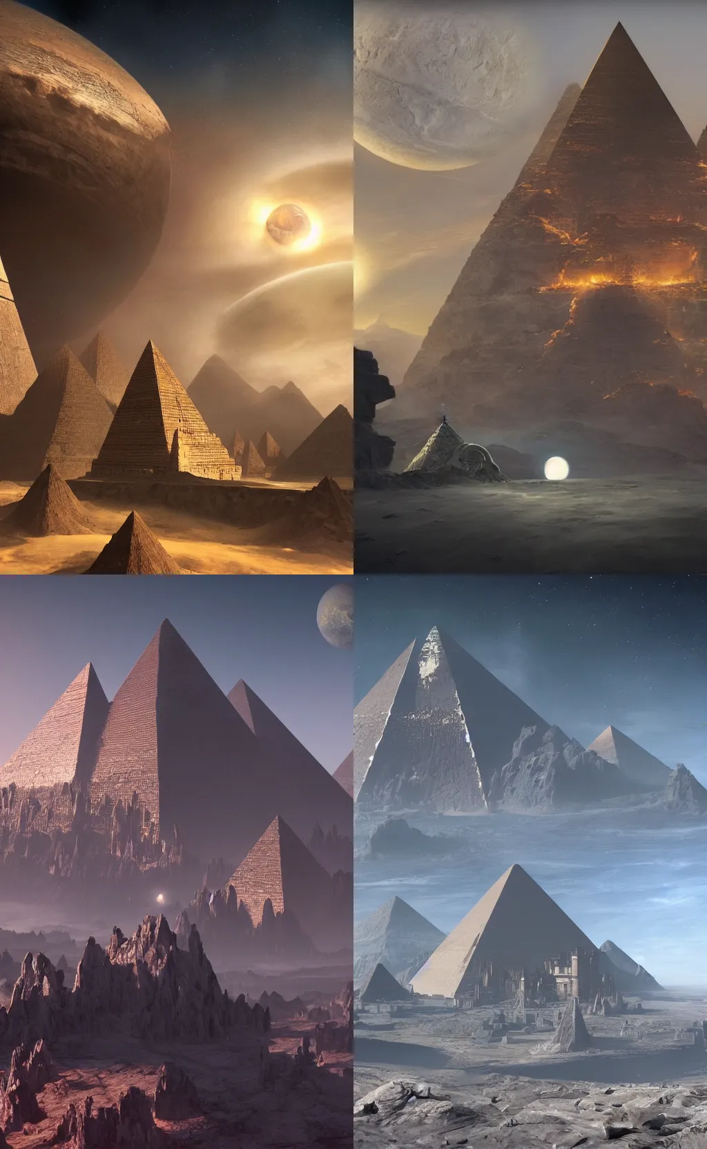 Prompt: giant pyramid castle above ringed planet, science-fiction, beautiful matte painting, frank frazetta, james gurney, unreal engine, artstation