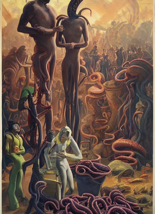 Image similar to a group of people standing around a cardboard box full of tentacled alien babies, an ultrafine detailed painting by john philip falter, shutterstock, american scene painting, movie still, poster art