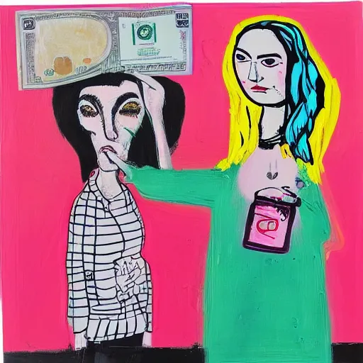 Image similar to “tall queer woman with long pink hair and a tall emo girl near a weedy pig eating money, capitalism, acrylic and spray paint and oilstick on canvas, neoexpressionism”