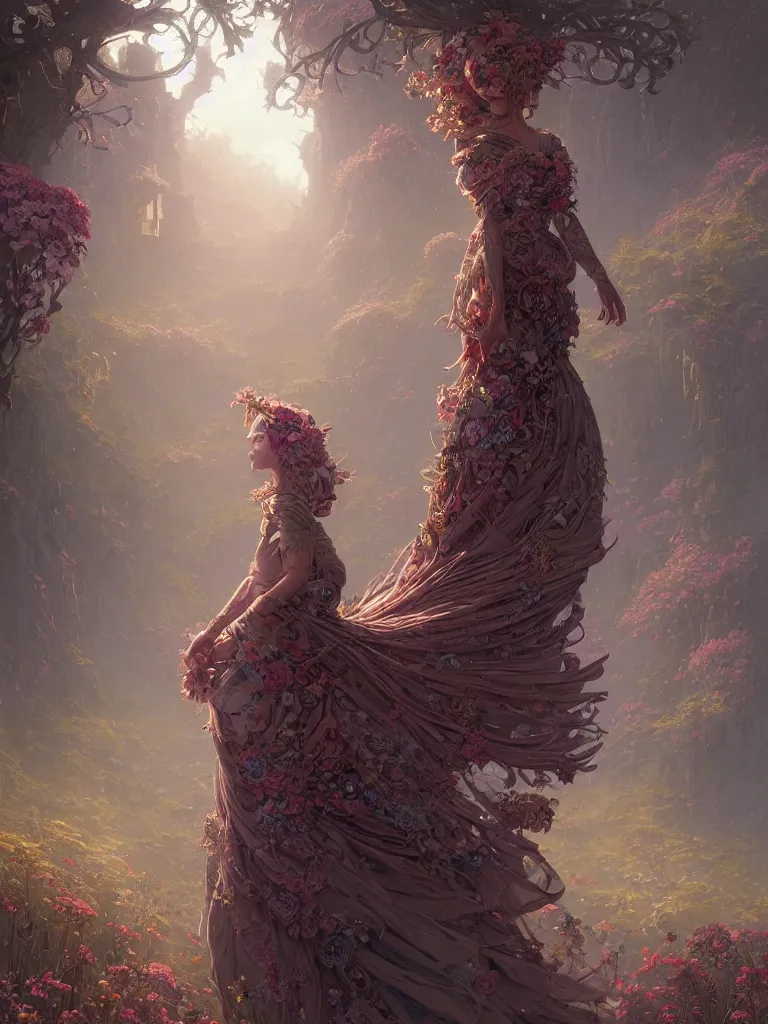 Prompt: highly detailed ornate flower dress, stephen bliss, unreal engine, fantasy art by greg rutkowski, loish, rhads, ferdinand knab, makoto shinkai and lois van baarle, ilya kuvshinov, rossdraws, tom bagshaw, global illumination, radiant light, detailed and intricate environment