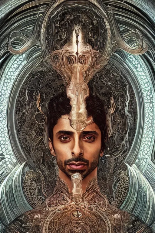 Prompt: Riz Ahmed as a Universal God, fantasy, intricate, elegant, highly detailed, digital painting, 4k, HDR, concept art, smooth, sharp focus, illustration, art by artgerm and H R Giger and alphonse mucha