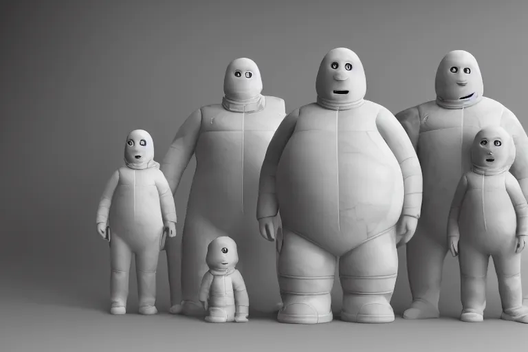 Image similar to alabaster Bibendum model, family portrait of Michelin Man, Bibendum family portrait, sculpture, photograph, studio lighting, product photography, while marble, figurine, octane render