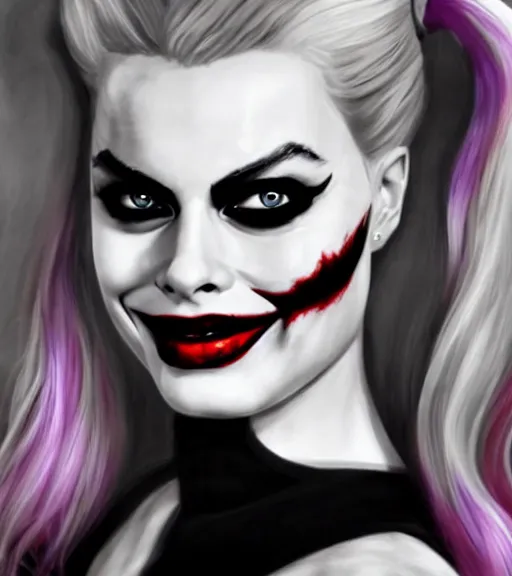 Image similar to a realism drawing of margot robbie as harley quinn portrait with joker makeup, in the style of den yakovlev, realistic face, black and white, realism, hyper realistic, highly detailed