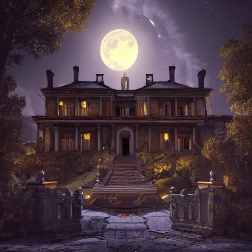 Image similar to large haunted mansion in the mountain side, cinematic, octane render, art station, dramatic lighting, beautiful moonlight night, concept art, rococo, photorealistic, intense detail, 8 k