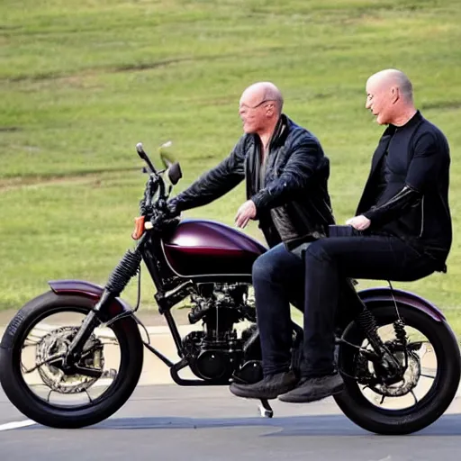 Prompt: elon musk and jeff bezos on a motorcycle