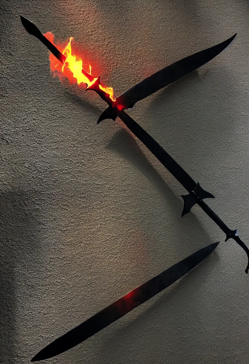 Image similar to photo of a magical fantasy longsword displayed on a wall. the sword is glowing with hot fire power and giving off a subtle black smoke.