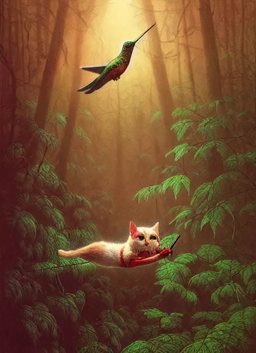 Image similar to a hyper realistic illustrated cat with playing with a hummingbird on its paw in the woods gorgeous lighting, k _ lms lush forest foliage painting by chiara bautista and beksinski and norman rockwell and greg rutkowski weta studio, and lucasfilm