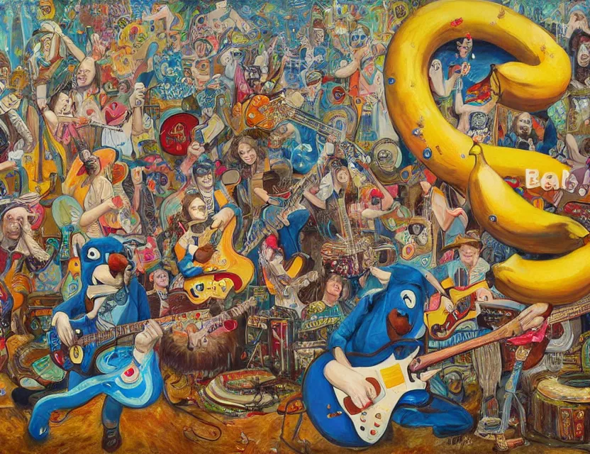 Image similar to a detailed oil painting of a concert by going bananas with guitars while the gold fishes are stoned and smiling in the sky in the style of artist James Jean