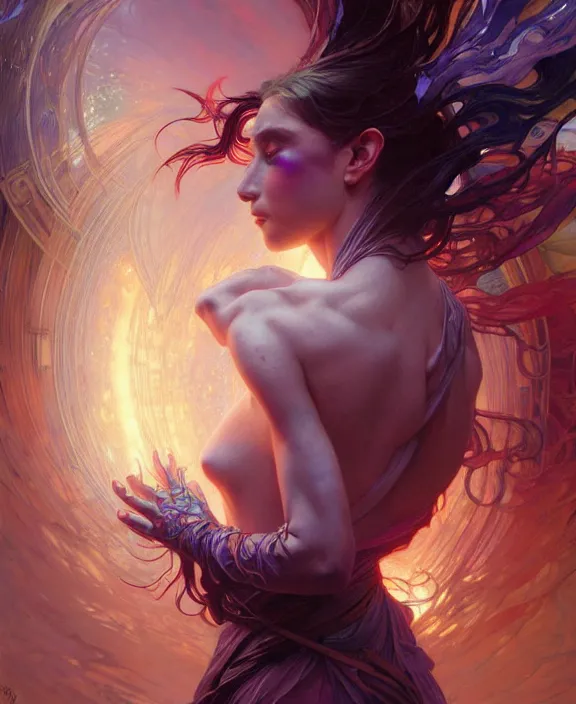 Image similar to a whirlwind of souls ushing inside the metaverse, half body, glowin eyes, d d, fantasy, intricate, elegant, highly detailed, colorful, vivid color, digital painting, artstation, concept art, art by artgerm and greg rutkowski and alphonse mucha and ruan jia