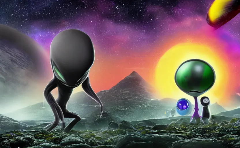 Image similar to big-headed grey alien with large black eyes holding an energy rifle on an alien planet with purple soil, green sky, blue and yellow fauna, alien creatures in the background, highly detailed, high quality, HD, 4k, 8k, Canon 300mm, professional photographer, 40mp, lifelike, top-rated, award winning, realistic, sharp, no blur, edited, corrected, trending