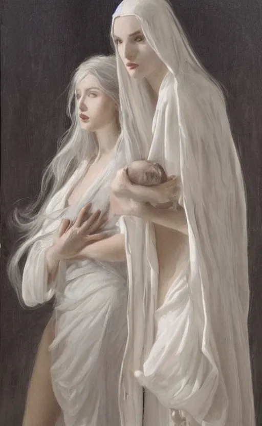 Image similar to angelic beauty with silver hair so pale and wan! and thin!?, flowing robes, covered in robes, lone pale wan fair skinned goddess, wearing robes of silver, flowing, pale skin, young cute face, covered!!, clothed!! oil on canvas, style of lucien levy - dhurmer and jean deville, 4 k resolution, aesthetic!, mystery