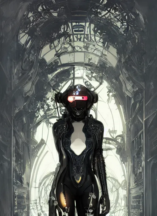 Image similar to a cyborg with mask, black leather garment with art nouveau ivory accessories, cyberpunk, darksynth, luxury, concept art by jama jurabaev, extremely detailed, ominous, ethereal, artstation, andree wallin, edvige faini, balaskas, alphonse mucha