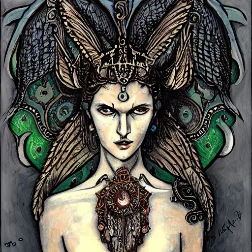 Image similar to an ancient lovecraftian like godess with wings and jewelllery on its head watching silently painting by belksinski