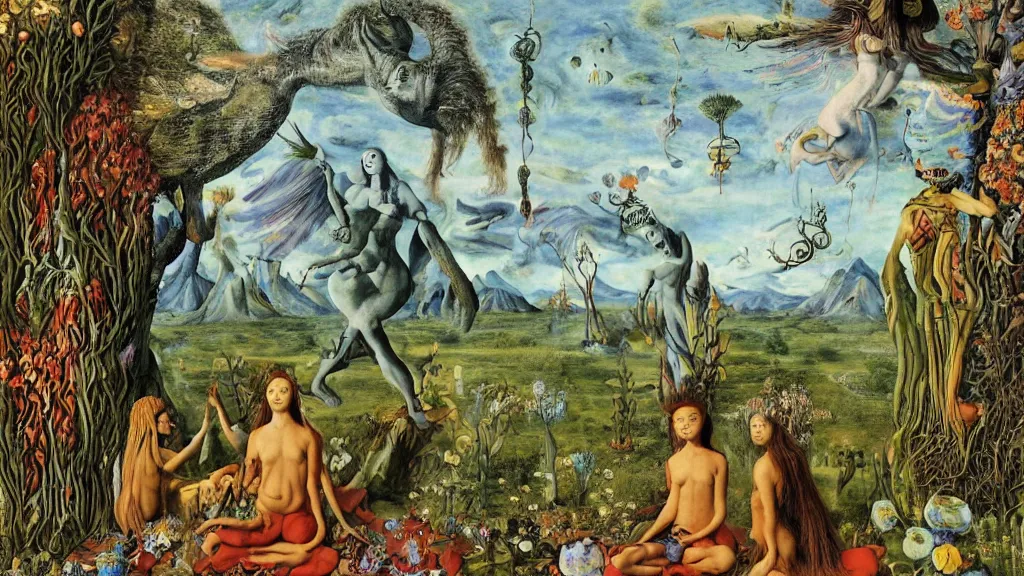 Image similar to a photograph of a meditating centaur shaman and a harpy mermaid mutating into beautiful aliens. surrounded by bulbous flowers and a few trees. river delta with mountains under a blue sky full of burning stars and birds. painted by jan van eyck, max ernst, ernst haeckel, ernst fuchs and artgerm. trending on artstation