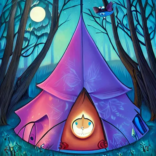 Prompt: a tent by the river in the deep, remote woods by jeremiah ketner, from nightmare before christmas | detailed | elegant | trending on artstation