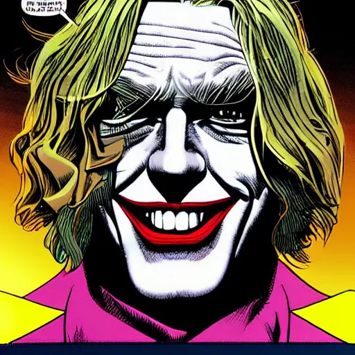 Image similar to dynamic macro head portrait of kurt cobain as the joker in by john romita sr and cory walker and ryan ottley and jack kirby and barry windsor - smith, comic, illustration, photo real