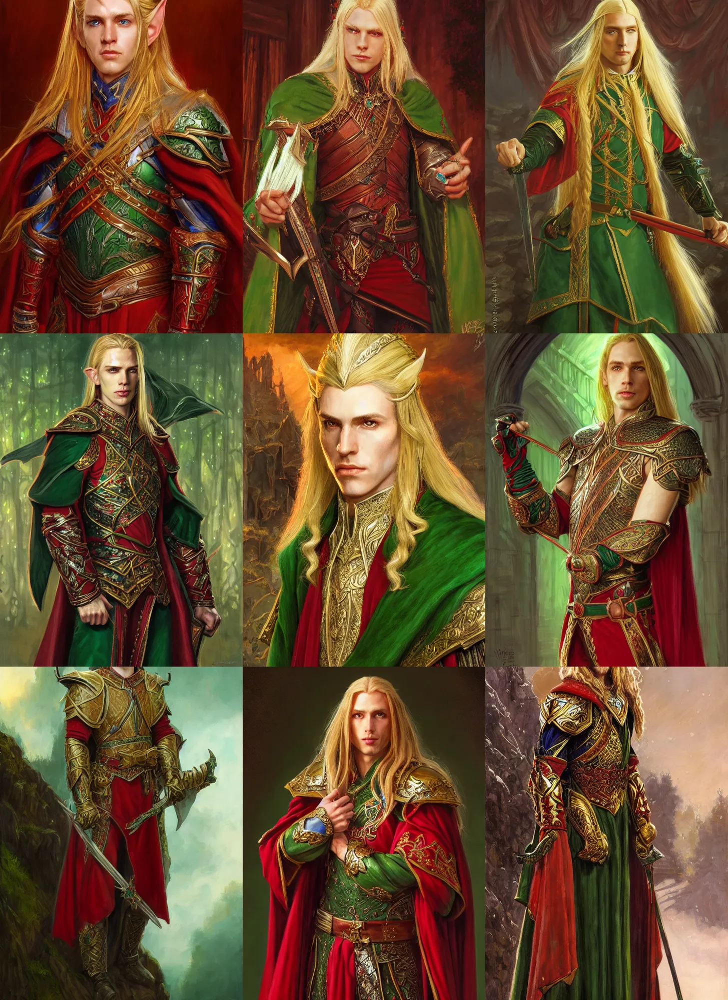 Prompt: a portrait of a noble high elf with long blonde hair, green eyes, young adult male, wearing red ornate attire, style by donato giancola, wayne reynolds, jeff easley dramatic light, high detail, cinematic lighting, artstation, dungeons and dragons