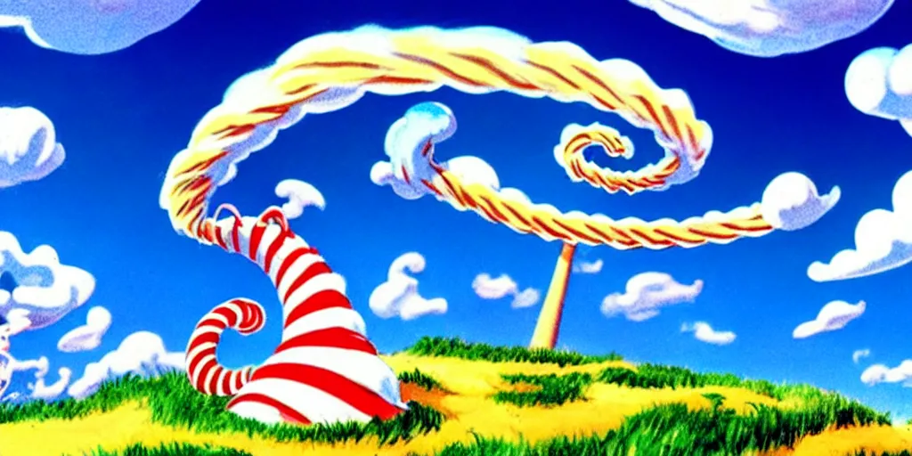 Image similar to cartoon concept art, clean blue sky, spiral clouds, from dr. seuss