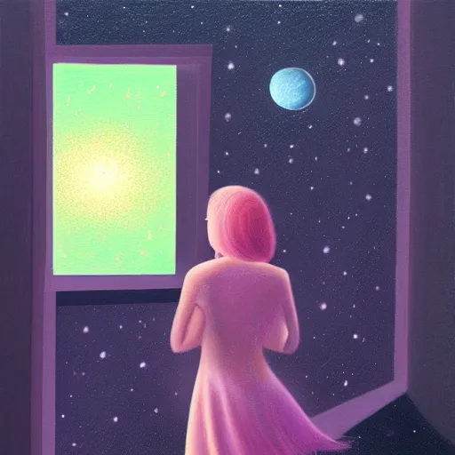 Image similar to a pastel painting of a brooding galactic queen staring at the galaxy outside her giant window