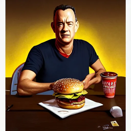 Prompt: portrait of Tom Hanks eating hamburgers, extra onions and ketchup, luscious patty with sesame seeds, ethereal, holy sacred light rays, handsome, D&D, fantasy, intricate, elegant, highly detailed, digital painting, artstation, concept art, matte, sharp focus, illustration, art by Artgerm and Greg Rutkowski and Alphonse Mucha