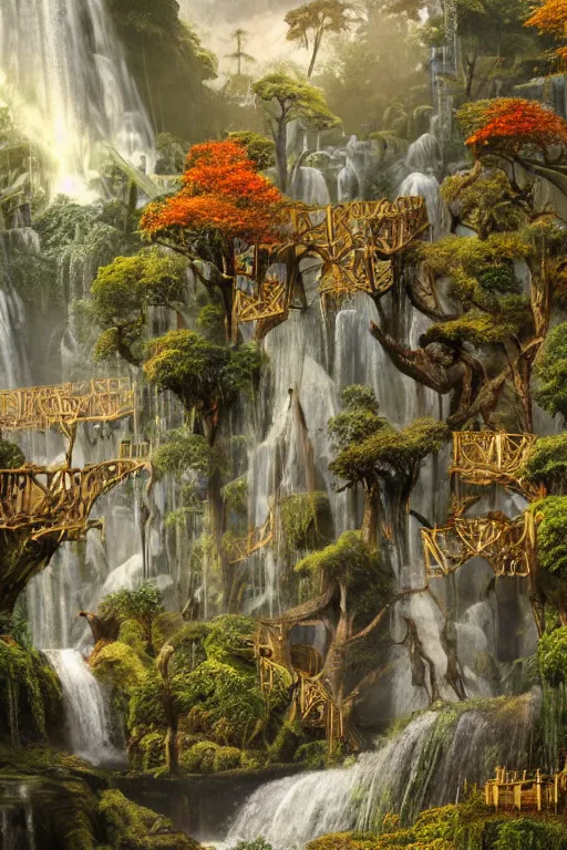 Image similar to wooden elven City with golden roofs, arches and bridges on top of a WATERFALL in the fall, gnarly trees, lush vegetation, forrest, a small stream runs beneath the waterfall, landscape, raphael lacoste, eddie mendoza, alex ross, john howe, concept art, matte painting, highly detailed, rule of thirds, dynamic lighting, cinematic, detailed, denoised, centerd, clean render