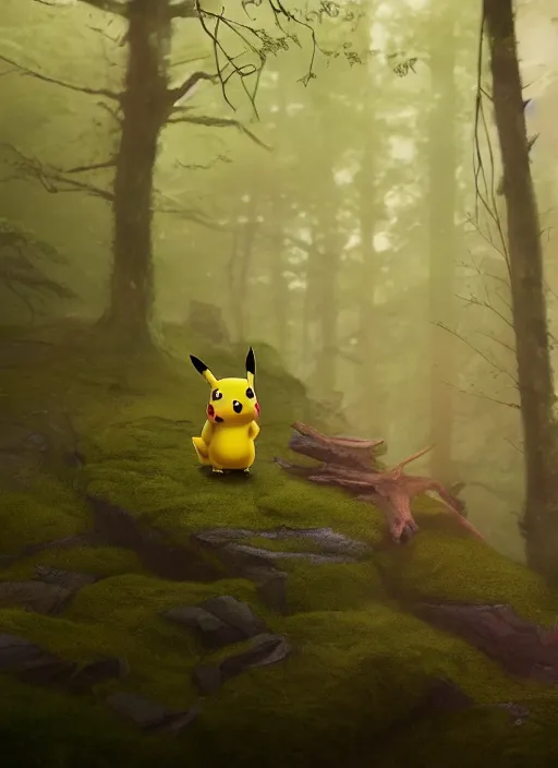 Image similar to Pikachu in forest, Artstation, Confident, fog, rain, volumetric lighting, beautiful, golden hour, sharp focus, ultra detailed, cgsociety by Leesha Hannigan, Ross Tran, Thierry Doizon, Kai Carpenter, Ignacio Fernández Ríos, noir art house, 4k, 35mm, fujifilm