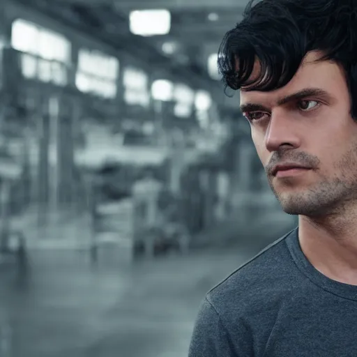 Image similar to a guy in a grey shirt with long sleeves and wearing dark blue jeans, dark black hair and no visible facial hair at all looking in the distance to see a factory plotting something ( highly detailed, and cinematic movie shot, greatly illustrated, photo - realistic, hyperrealistic image, 4 k, uhd, good quality still frame photo )