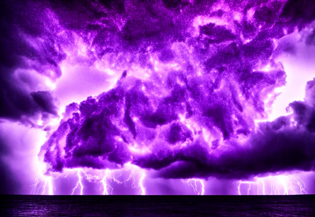 Image similar to purple color lighting storm with stormy sea, pirate ship firing its cannons trippy nebula sky with dramatic clouds 50mm shot