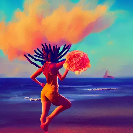 Image similar to portrait, giant rose flower head, girl dancing at the beach, surreal photography, sunrise, blue sky, dramatic light, impressionist painting, digital painting, artstation, simon stalenhag