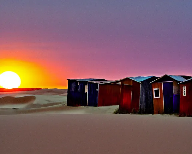 Image similar to sand dunes, empty abandoned shacks, setting sun, black, purple, and red