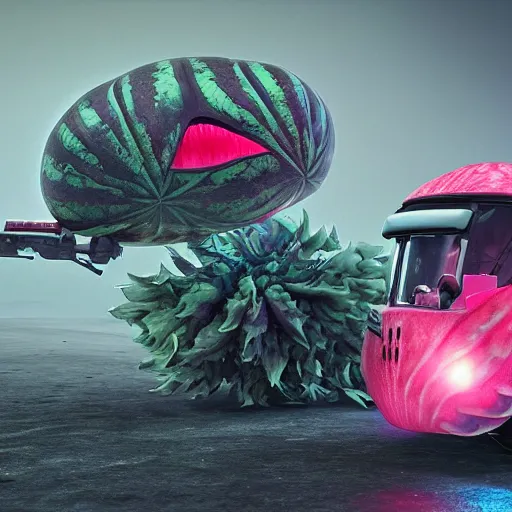 Prompt: Very very very very highly detailed sci-fi Watermelon vehicle. Photorealistic Concept 3D digital art rendered in Highly Octane Render in style of Hiromasa Ogura Gost in the shell, less Watermelon more vehicle, epic dimensional light