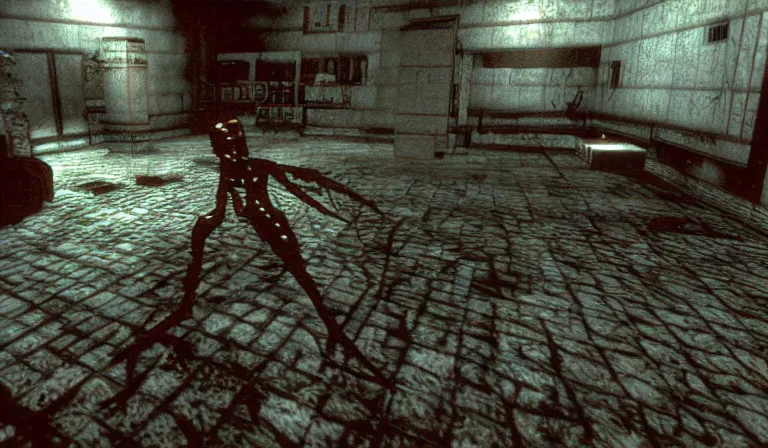 Prompt: Combat in a survival horror game with UI, PS1, first-person, 2DCG, 3D environment, by Hieronymous Bosch