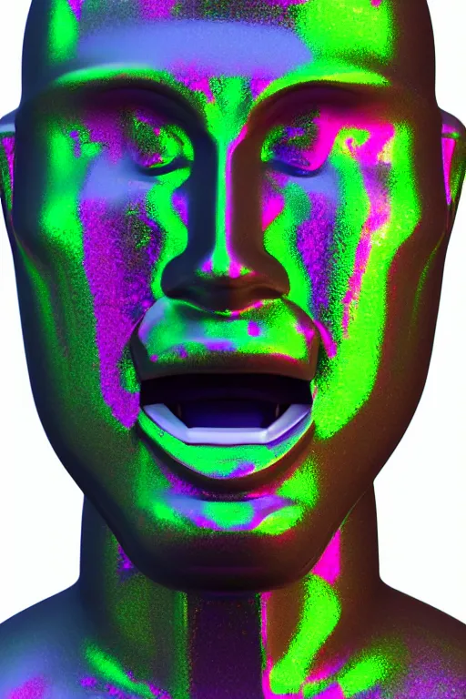 Image similar to 3d render of holographic angry human robotic screaming angry bust made of glossy iridescent, screaming, bust, surrealistic 3d illustration of a human non-binary, non binary model, 3d model human, cryengine, made of holographic texture, holographic material, holographic rainbow, concept of cyborg and artificial intelligence