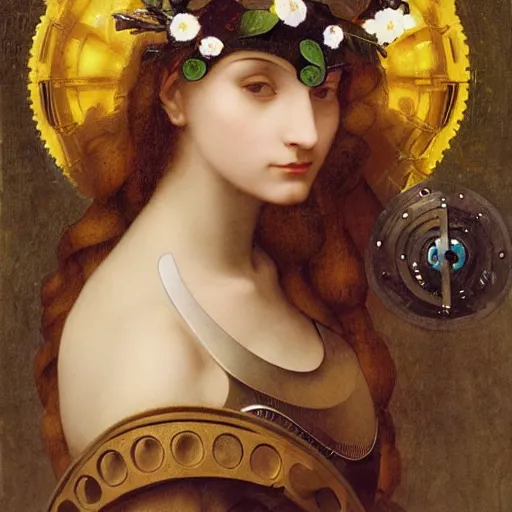 Image similar to portrait of a beautiful young cyborg woman with a big steampunk flower crown and part mechanical face , Metropolis, by Leonardo Da Vinci in the style of Bouguereau