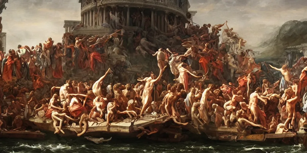 Prompt: a mix between the raft of the medusa and the school of athens, matte painting, oil canvas, photorealistic illustration, extreme detail, hyper realistic, highly detailed, digital art