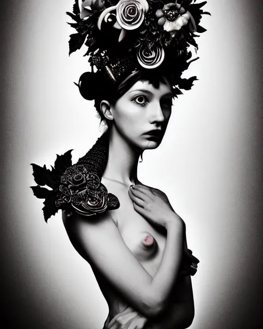 Image similar to a black and white high quality dreamy photo of a young beautiful female queen-pale dragon-vegetal-flower-cyborg bust with a very long neck and a steampunk flower crown, elegant, highly detailed, poetic, soft, dreamy, mysterious, high fashion, in the style of Horst P. Horst, Realistic, Refined, Digital Art, Highly Detailed, Cinematic Lighting, rim light, black and white, photo-realistic, 8K