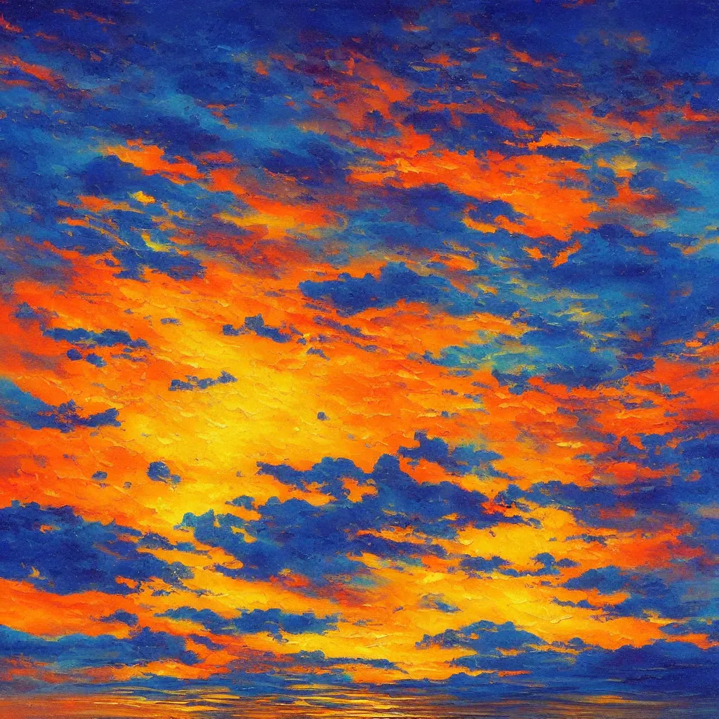 Image similar to an impasto oil painting of a stunning sunset painted by ken hong leung, blue color scheme, golden ratio