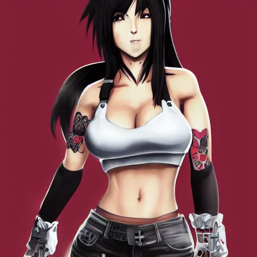 Prompt: high quality art of tifa lockhart with tattoos, smiling, trending on artstation