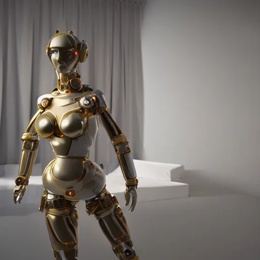 Image similar to octane render, a complex high poly cinematic 3 d model of a giant robotic android woman made out of porcelain with golden grout, jewel tone glowing eyes, fiber optic hair, inside a black rococo palace, 8 k, unreal enging, cinema 4 d, cinematic angle