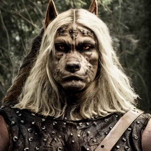 Prompt: medieval fantasy head and shoulders portrait photo of a werewolf warrior, photo by philip - daniel ducasse and yasuhiro wakabayashi and jody rogac and roger deakins