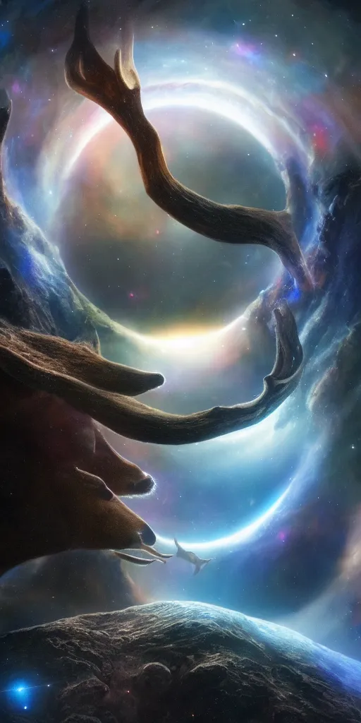 Image similar to a deer peering into a giant portal into the universe in the shape of a keyhole to the nebulae and galaxies, beautiful matte painting by weta workshop 4 k, cinematic dramatic atmosphere, dramatic lighting, trending on artstation