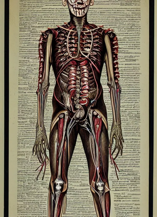 Image similar to vintage medical anatomical illustration of pinhead from hellraiser ( 1 9 8 6 ), highly detailed, labels, intricate writing