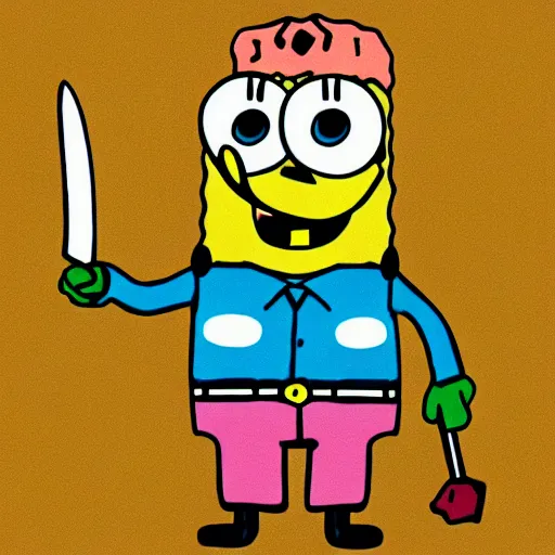 Image similar to childish crayon drawing of spongebob squarepants cartoon character holding a kitchen knife