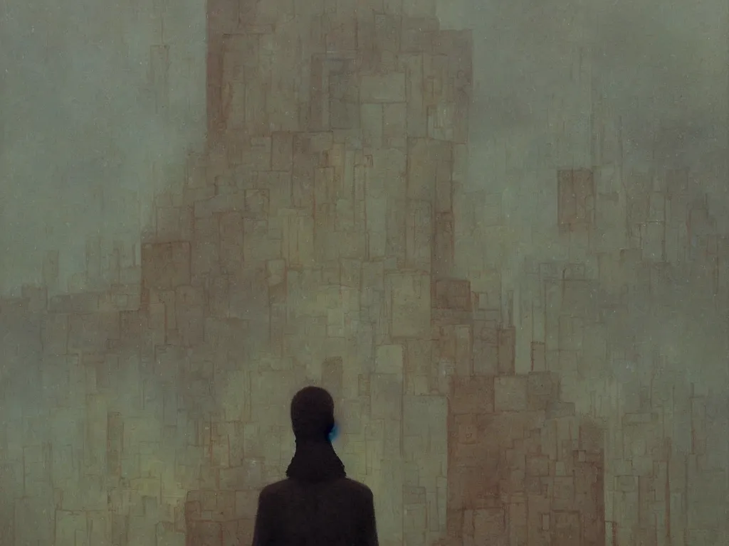 Prompt: portrait of a figure with scenery. painting by shaun tan