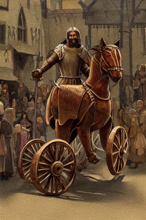 Image similar to ( ( ( ( ( ( ( a medieval chariot riding through town ) ) ) ) ) ) ) by chris mcgrath!!!!!!!!!!!!!! muted colors, detailed